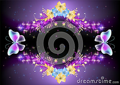Fairytale frame with magical transparent butterflies and flowers against the background of the starry night sky. Abstract Vector Illustration