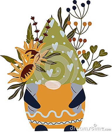 Fairytale Gnome with sunflower and leaves in a green hat. Spring - summer gnome on white background. Vector illustration Vector Illustration