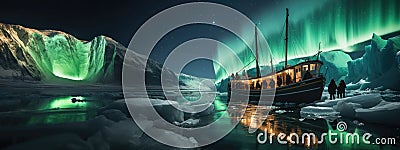 Fairytale green loops in the sky, Aurora Borealis over a pleasure boat between icebergs in the Arctic Ocean, Northern Stock Photo