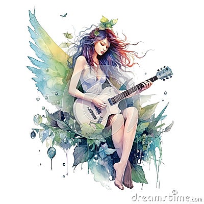 Fairytale heroine. Full length illustration of a cool modern fairy and miniskirt playing electric guitar on a Cartoon Illustration