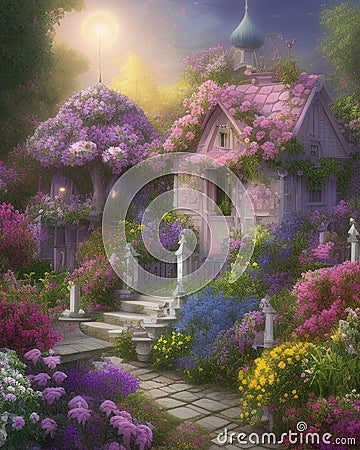 Fairytale house, flowers, colours and fantasy Stock Photo