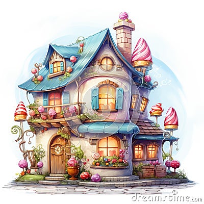Fairytale house with ice cream. Watercolor illustration on white background. Cartoon Illustration