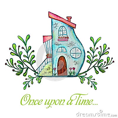 Fairytale house. Watercolor hand drawn illustration. Cartoon Illustration