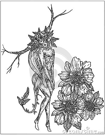 Fairytale isolated character, magic forest fairy, princess with large branched horns and flower wreath on her head, with luxuriant Vector Illustration