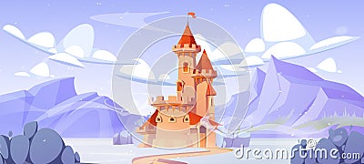 Fairytale king castle in winter under snow. Vector Illustration