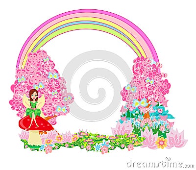 Fairytale land with a fairy and a beautiful garden Vector Illustration