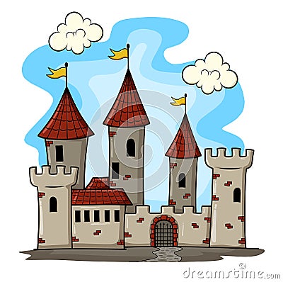 Fairytale landscape with castle. Fantasy palace tower, fantastic fairy house or magic castles kingdom Vector Illustration