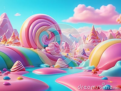 Fairytale landscape with lollipops, candies, sweets, marshmellow and chocolate. 3d render Stock Photo