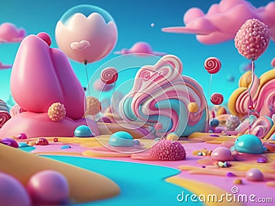 Fairytale landscape with lollipops, candies, sweets, marshmellow and chocolate. 3d render Stock Photo