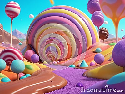 Fairytale landscape with lollipops, candies, sweets, marshmellow and chocolate. 3d render Stock Photo