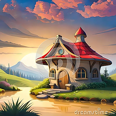 Fairytale landscape with small magic house by the water Cartoon Illustration