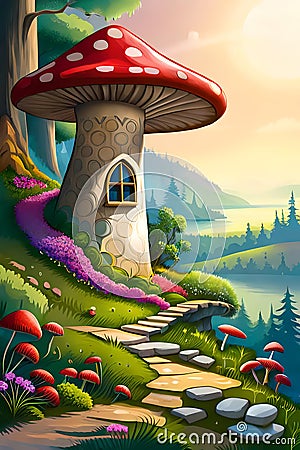 Fairytale landscape with toadstool mushroom house Cartoon Illustration