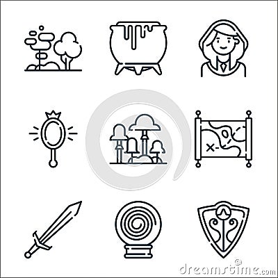 fairytale line icons. linear set. quality vector line set such as shield, magic ball, sword, map, mushroom, mirror, riding hood, Vector Illustration