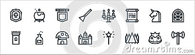 fairytale line icons. linear set. quality vector line set such as axe, forest, castle, tower, unicorn, pendant, candelabra, Vector Illustration