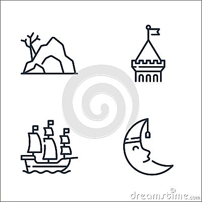 fairytale line icons. linear set. quality vector line set such as moon, ship, tower Vector Illustration