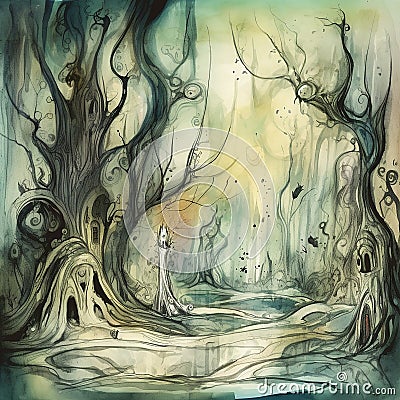 Fairytale magical forest with unusual creatures and ghosts, creative background, drawing, watercolor Stock Photo