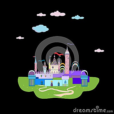 Fairytale medieval castle with meadow and road with clouds isolated on the black background. Vector illustration Vector Illustration