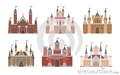 Fairytale medieval castle. Set of medieval castles, fortresses and towers. Fortified housing. Fairytale medieval towers Stock Photo