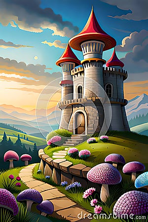 Fairytale mushroom castle Cartoon Illustration