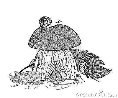 Fairytale mushroom and feather birds. Vector Illustration