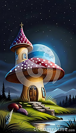 Fairytale mushroom house by brook at moonlit night Cartoon Illustration