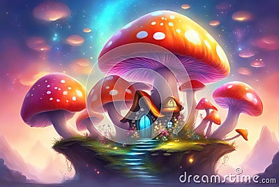 Fairytale mushroom house with flowers, cute colorful small elf cottage in forest with luminescent colors Cartoon Illustration