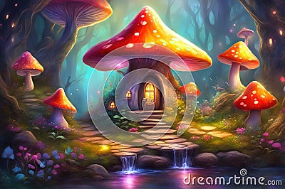 Fairytale mushroom house with flowers, cute colorful small elf cottage in forest with luminescent colors Cartoon Illustration