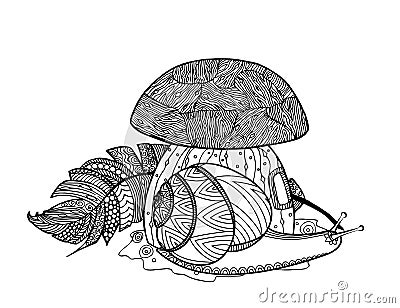 Fairytale mushroom, snail, and bird feather. Vector Illustration