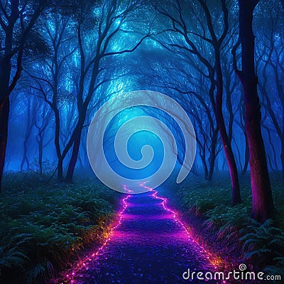fairytale mystical The dark trees are illuminated by multicolored psychedelic Cartoon Illustration