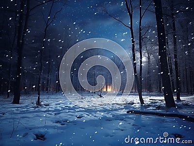 Fairytale night forest covered with snow in the moonlight. Winter landscape. New Year concept Stock Photo