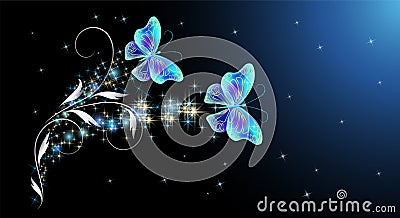 Fairytale night sky with magical blue butterflies and floral ornament and stars. Fantasy sparkle background Vector Illustration
