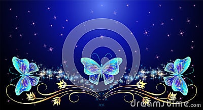 Fairytale night sky with magical blue butterflies and floral golden ornament and stars. Fantasy sparkle background Vector Illustration