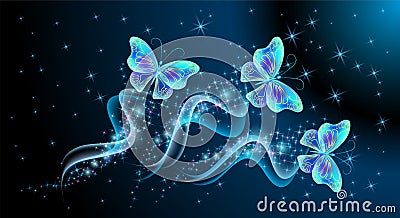 Fairytale night sky with magical butterflies with sparkling trail and glowing stars. Fantasy sparkle blue background Vector Illustration