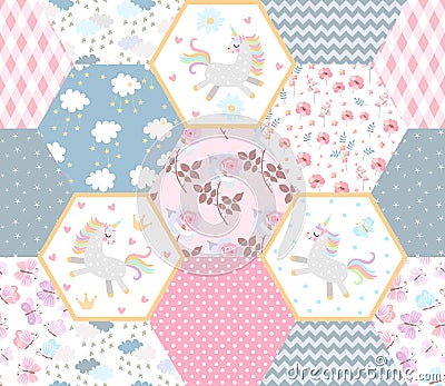 Fairytale patchwork seamless pattern with cute unicorns, clouds with stars, flowers and ornamental patches. Print for baby fabric Vector Illustration