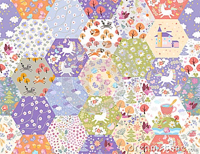 Fairytale patchwork seamless pattern with unicorns and magic forest. Cute print for fabric. Beautiful design for kids Vector Illustration