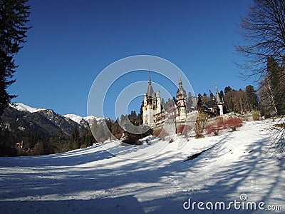 Fairytale Peles castle in winter, Romania Stock Photo