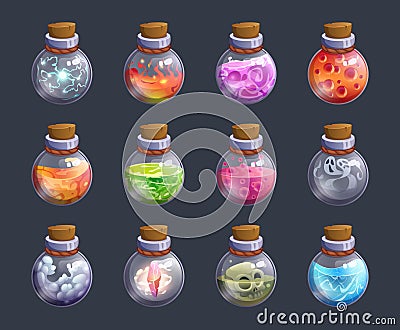Fairytale poisons. Chemical alchemy colored bottles with liquid poison exact vector fantasy pictures set Vector Illustration