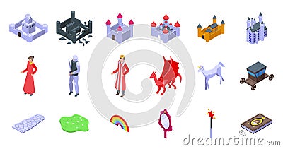 Fairytale princess castle icons set isometric vector. Middle age magic Vector Illustration