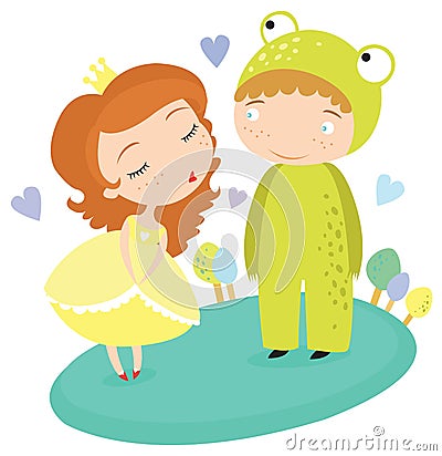 Fairytale Princess Kissing Frog Prince Vector Illustration