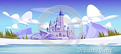 Fairytale royal castle near mountains in winter Vector Illustration