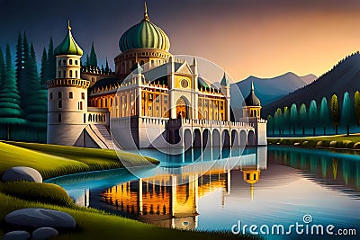 Fairytale royal palace by the water Cartoon Illustration