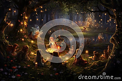 Fairytale scene with fairies in the forest. Fairy tale, AI Generated Stock Photo