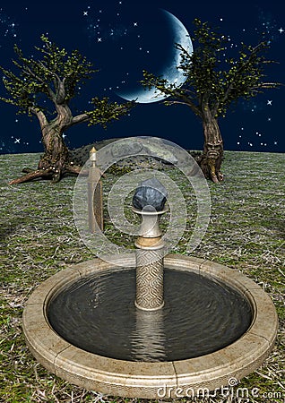 A fairytale scene with a fountain with water, Stock Photo