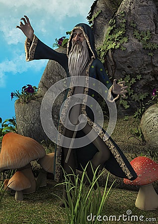 A fairytale scene with a magician in a meadow, full of grass, mushroom and a huge throne made in stone. Stock Photo