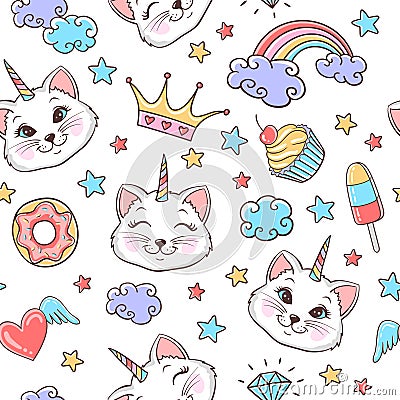 Fairytale seamless pattern with unicorn cats, clouds, cupcake, donut, stars, rainbow and crown. Magic colorful background Vector Illustration