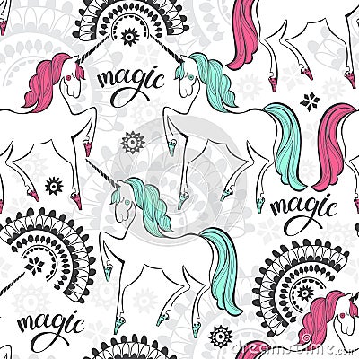 Fairytale seamless pattern with unicorns. Cartoon illustration. Stock Photo