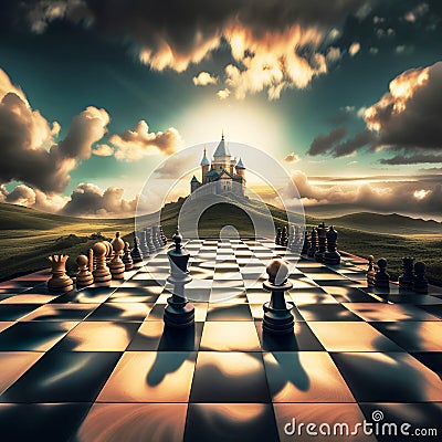 Fairytale style chessboard and castle depiction Stock Photo