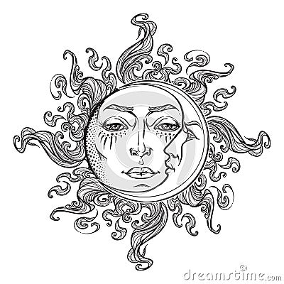 Fairytale style hand drawn sun and crescent moon with a human faces. Vector Illustration