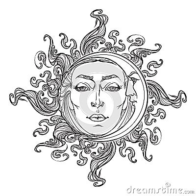 Fairytale style hand drawn sun and crescent moon with a human faces. Vector Illustration