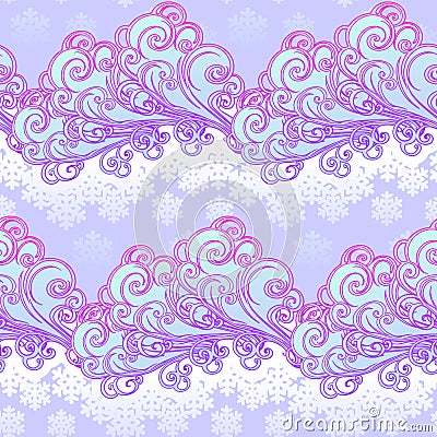 Fairytale style winter festive seamless pattern. Curly ornate clouds with a falling snowflakes. Christmas mood. Pastel Vector Illustration